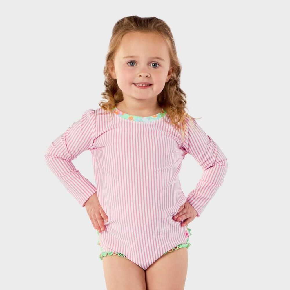 Baby Girls' Seersucker Long Sleeve One Piece Rash Guard Swimsuit - Pink 18M